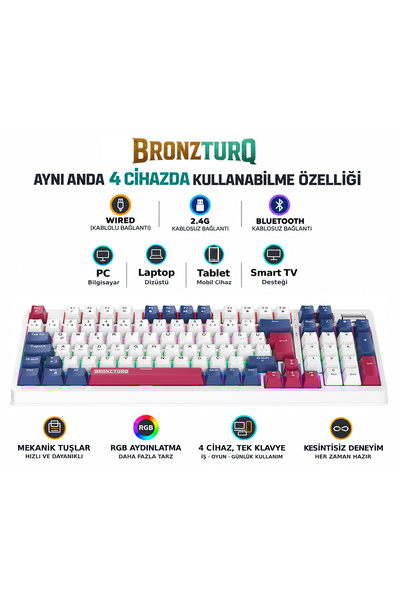 BRONZTURQ MK1116 RGB-ABS RED SWITCH 3N1 (USB + 2.4G + Bluetooth) MEKANİK KLAVYE