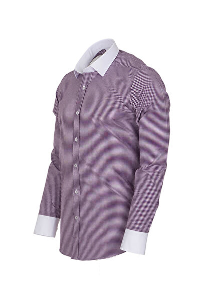 MAKROM Erkek Mor Pötikare Desenli Kontrast Beyaz Yaka ve Manşetli Slim Fit Gö...