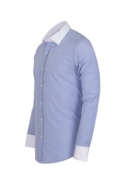 MAKROM Erkek Mavi Pötikare Desenli Kontrast Beyaz Yaka ve Manşetli Slim Fit G...