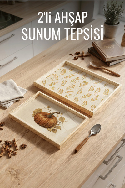 Nandy Home 2'li Balkabağı Desenli - Ahşap Çerçeveli Dekoratif Sunum ve Servis...