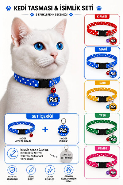 Cocopet Kedi isimlik Tasma Mavi Pauntiyeli 2'li Set Desenli Kedi isimliği isi...