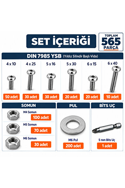 Netzerkoz 565 Parça Ysb Metrik Vida Seti – (M4-M5-M6) Vida Somun Pul Seti – Profesyonel Montaj Kutusu 5mm Ph2 Bits