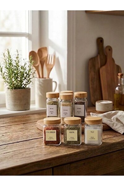 EYD 6 Adet 300ML Bambu Kapaklı Baharatlık 12 Adet 120ML Bambu Baharatlık