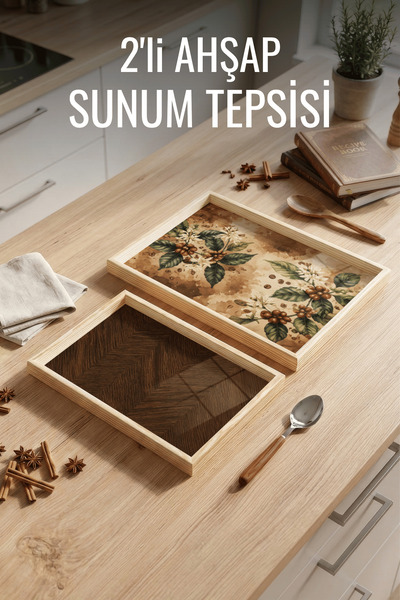 Nandy Home 2'li Botanik Desenli - Ahşap Çerçeveli Dekoratif Sunum ve Servis T...