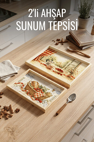 Nandy Home 2'li Meyve Sepeti Desenli - Ahşap Çerçeveli Dekoratif Sunum ve Ser...