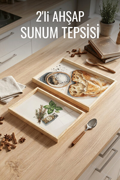 Nandy Home 2'li Kekik Desenli - Ahşap Çerçeveli Dekoratif Sunum ve Servis Tep...