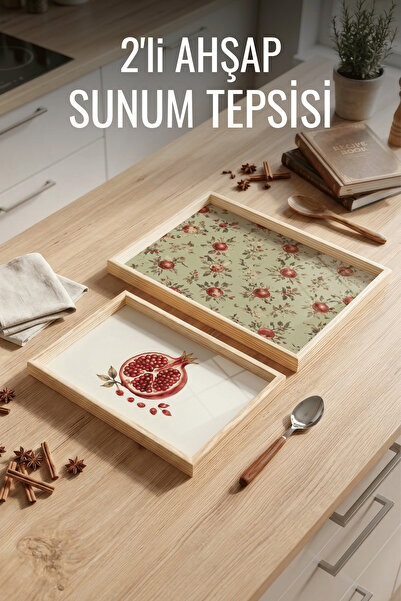 Nandy Home 2'li Nar Desenli - Ahşap Çerçeveli Dekoratif Sunum ve Servis Tepsisi