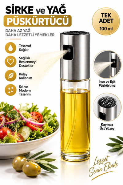AYGÖREN HOME Sprey Cam Şişe Zeytinyağı, Sirke, Yağ Püskürtücü Yağdanlık 100 ml