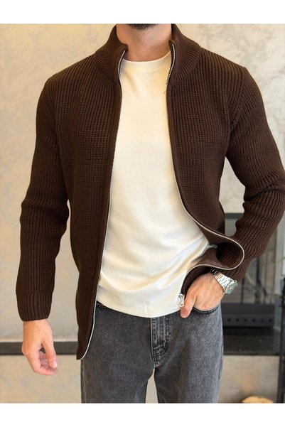 ECARTS Men's Premium Zippered Reverse Knit Cardigan Bitter Brown Eca091