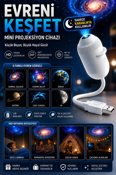 nextbuy Mini LED Yıldız 6 Film Disk Projektörü 360° Dönen Ay Aurora Kuzey Işı...