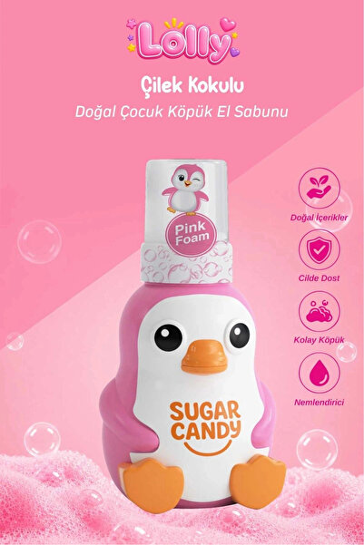 Çilek Kokulu Doğal Vegan Çocuk Köpük El Sabunu LOLLY 350 ml Paraben İçermeyen Pembe Köpü
