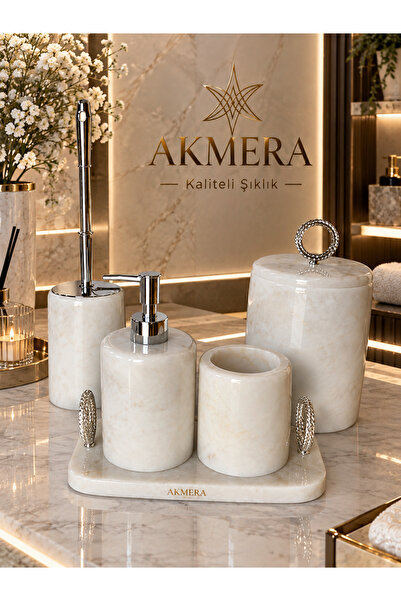 Akmera Home %100 Doğal Mermer Dikdörtgen Tepsili Şık Banyo Seti