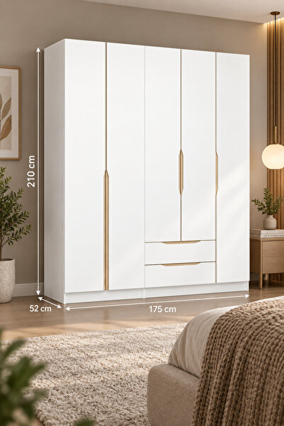 Minar Alin 5 Kapaklı 2 Çekmeceli Gardırop - Elbise Dolabı - J Soft Kulp - Beyaz