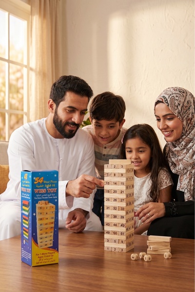 Primo Plus مجموعة مكعبات بناء برج خشبي مكونة من 54 قطعة و4 قطع من مكعبات النرد