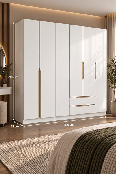 Minar Alin 6 Kapaklı 2 Çekmeceli Gardırop - Elbise Dolabı - J Soft Kulp - Beyaz
