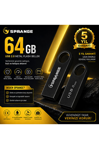 SPRANGE 64GB Metal USB Flash Bellek USB 2.0 Taşınabilir Hafıza 5 Yıl Garantili