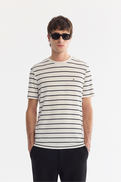 Avva Men's Ecru Crew Neck Striped Soft Touch Regular Fit T-Shirt A61Y1087
