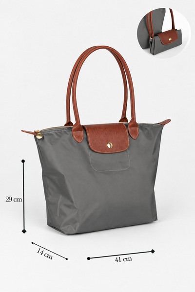 birizmoda Women's Leather Handle Foldable Large Size Shopper Hand and Shoulder Bag - Smoked-Tan