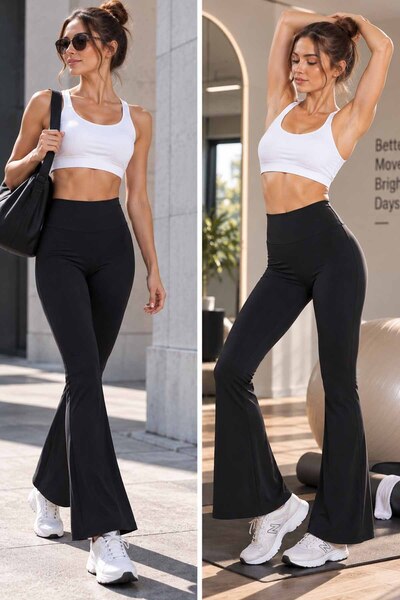 vynor atelier Women's Black Flared Diving Fabric Leggings - High Waist Recovery