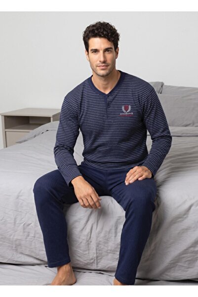 MEBA Men's Interlock Winter Collar Buttoned Long Sleeve Striped Navy Blue Com...