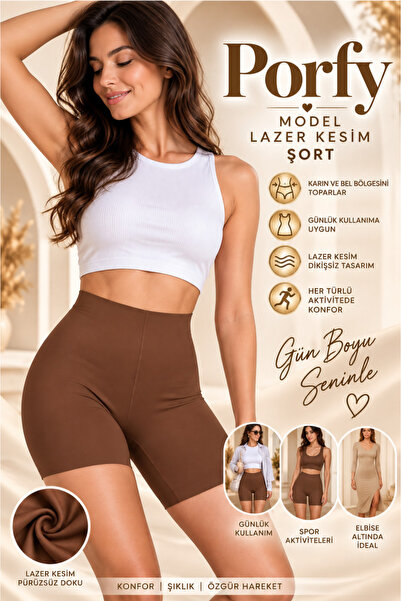 MİSTİRİK Porfy Model Kadın Yüksek Bel Lazer Kesim Toparlayıcı Şort Korse Kahv...