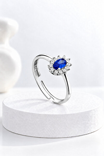 jelux silver Gümüş 925 Ayar Ayarlanabilir Safir Taşlı Oval Anturaj Yüzük