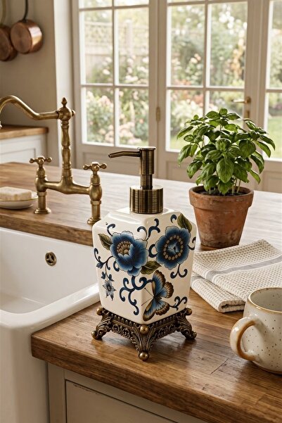 MAKRİ HOME Lavina Seramik Sıvı Sabunluk, Krem, Kelebek, Bronz Ayaklı 470 ml