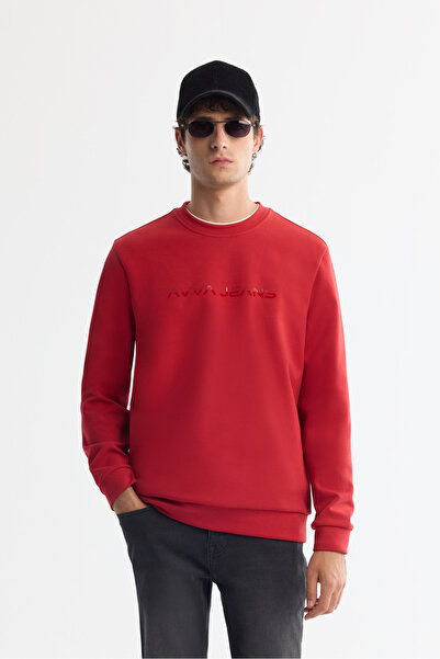 Avva Men's Red Crew Neck Cotton Printed Elastane Regular Fit Sweatshirt A42Y1221
