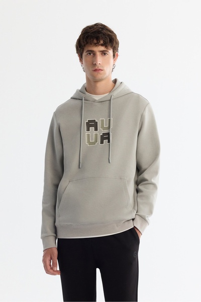 Avva Erkek Gri Kapüşonlu Pamuklu Baskılı Elastan Regular Fit Sweatshirt A42Y1324