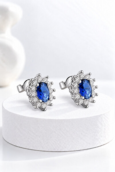jelux silver Gümüş 925 Ayar Çivili Zirkon Taşlı Anturajlı Safir Oval Küpe