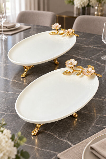 MAY HOME Laleza Taban Ayaklı 2'Li Oval Meze Sunum Tabağı & Porselen Kayık Tabak