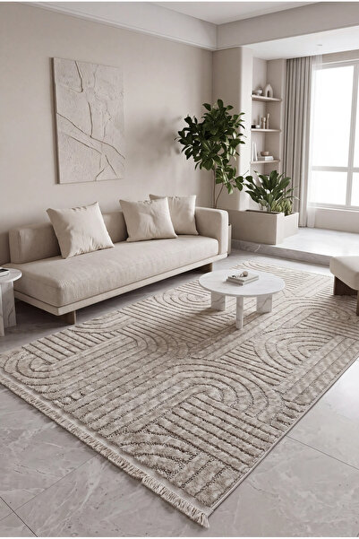 Geus Halı Modern Bohem Bej Dokuma Halı Cat-Loop Salon Halısı Oturma Odası Yolluk