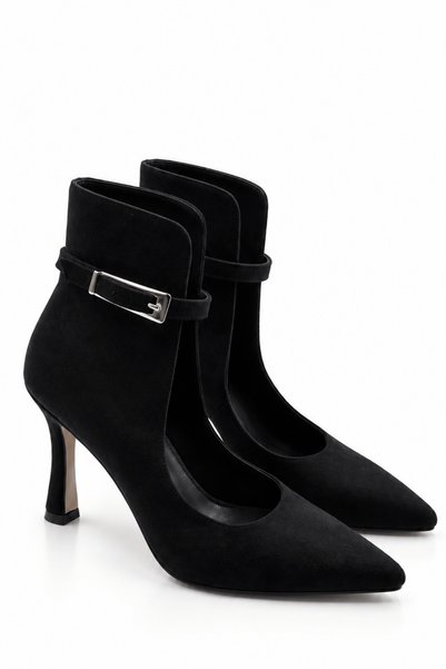 İX Caren Women's Suede Black Pointed Toe Thin Heeled Belt Detailed Windowed Stylish Boots & Stiletto 9 cm Heel