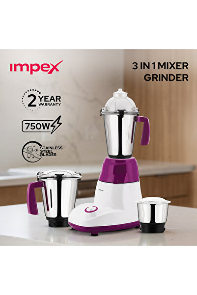 IMPEX 3-in-1 Blender & Mixer Grinder 750W, Copper Motor, 3 Stainless Steel Ja...