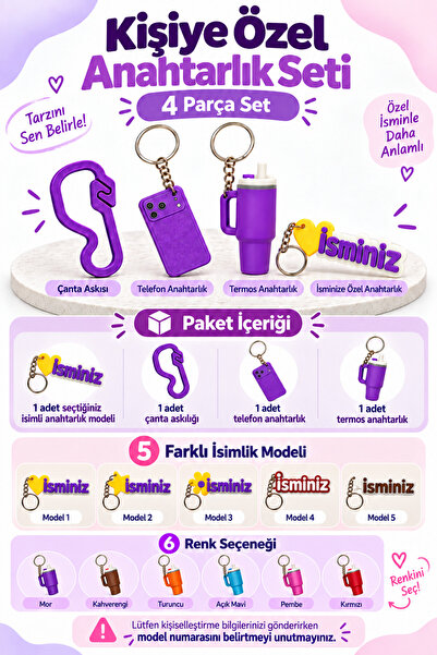 Tovo Craft Kişiye Özel İsimli 4 Parça Anahtarlık Seti Çanta Askısı Telefon ve...