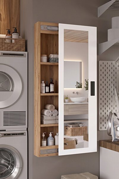 Yurupa Luna 4 Raflı Sürgülü Aynalı Banyo Dolabı Çok Amaçlı Dolap Atlantik Çam...