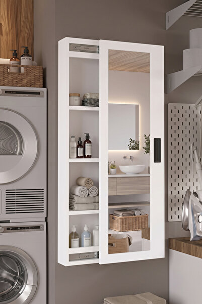 Yurupa Luna 4 Raflı Sürgülü Aynalı Banyo Dolabı Çok Amaçlı Dolap Beyaz LUN1-W
