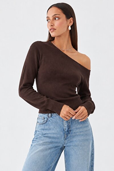 Madmext Brown Modern Boat Neck Knitwear Sweater Mg2804