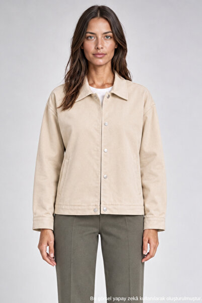 Freemen Kadın Oversize Basic Gabardin Mevsimlik Polo Yaka Taş Ceket