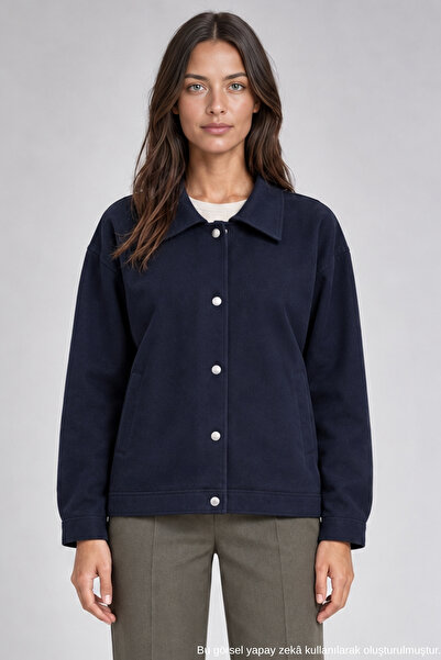 Freemen Kadın Oversize Basic Gabardin Mevsimlik Polo Yaka Lacivert Ceket