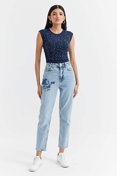 PAULMARK Women's High-Waisted Embroidered Detail Denim Pants