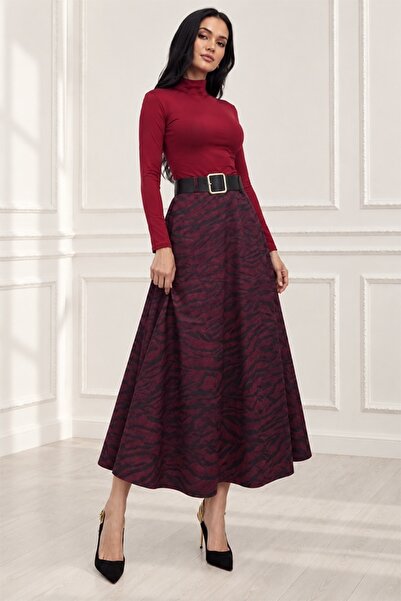 FashionForYou Φούστα μίντι Σαντάλι, με βελούδινη όψη και μαύρη ζώνη, Μπορντό ...