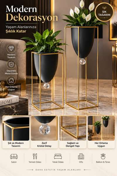 Tasarım Evi 2'li Metal Ayaklı Saksı Çiçeklik