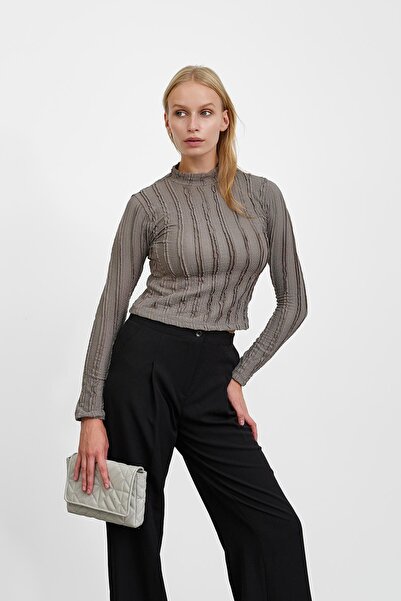 İmajButik Mink Ruffle Detailed Mock Neck Blouse