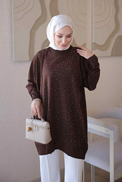 İmajButik Kahverengi Bisiklet Yaka Taş İşlemeli Tunik
