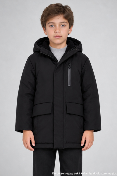 Freemen Boys Black Fur Lined Waterproof & Windproof Hooded 3-Pocket Winter Co...