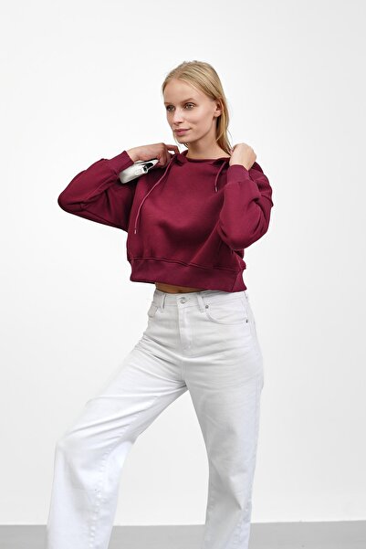 İmajButik Burgundy Hooded Inside Sh Fleece-Lined Three Thread Sweatshirt