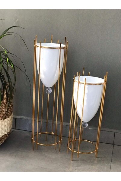 Tasarım Evi Dekoratif 2'li Krom Kaplı Çiçeklik Saksılık Büyük Boy Vazo Dekor