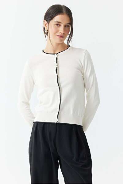 PAULMARK Women's Pique Knitted Band-Style Crocheted Cardigan with Circular Ne...