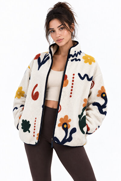 Mixray 4981 Women's Floral Motif Pocket Soft Textured Fleece Sweatshirt